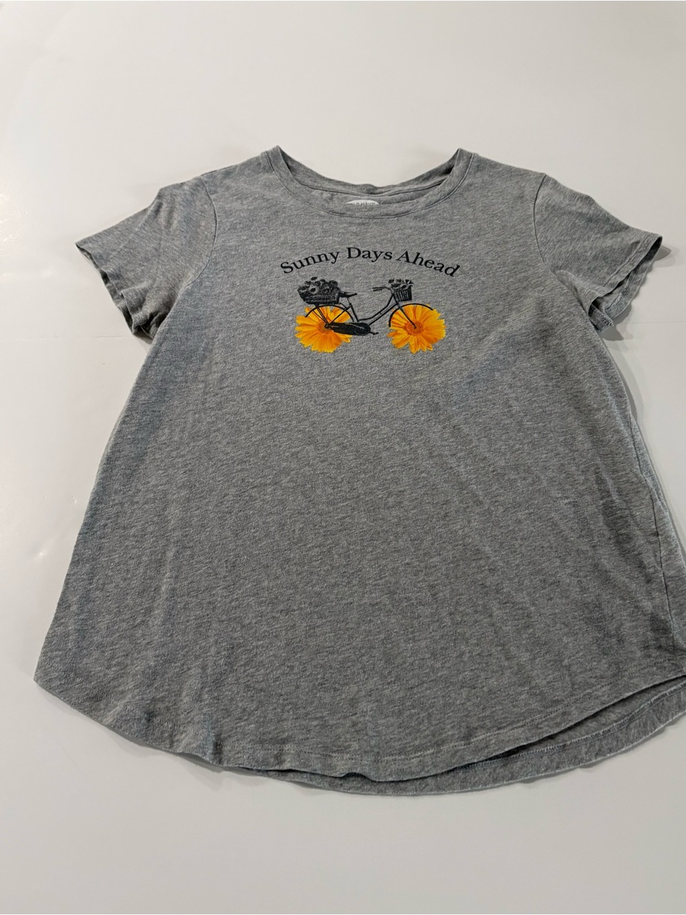 Old Navy Grey Tee with Yellow Flower Bike Graphic Sunny Days Ahead 100% Cotton S
